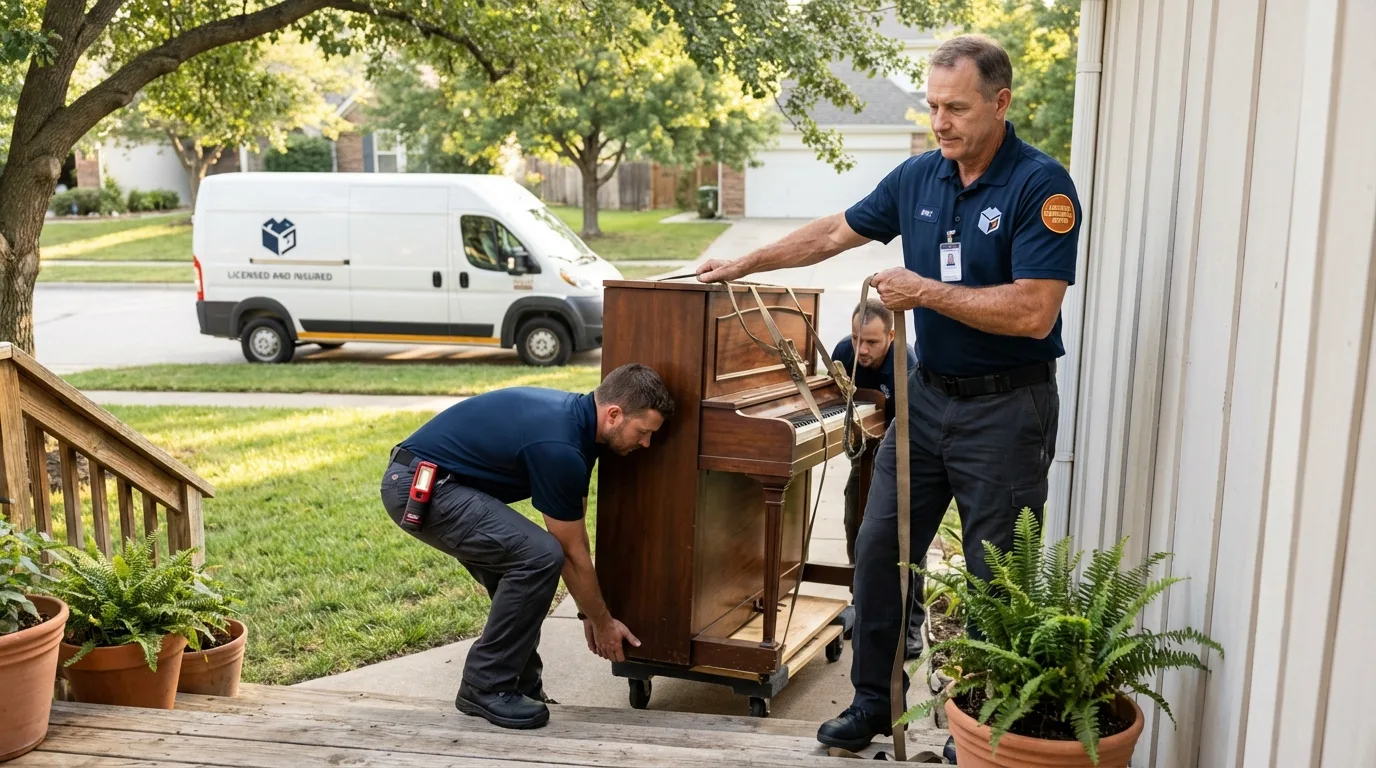 Licensed piano movers securing grand piano in Brooks, ME